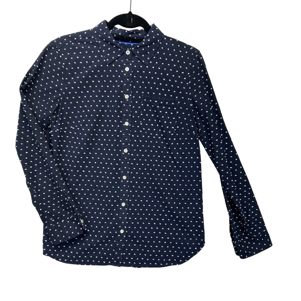 Talbots Shirt Womens 12 Navy‎ Blue White Button Down Clip Dot Cotton LS Roll Tab